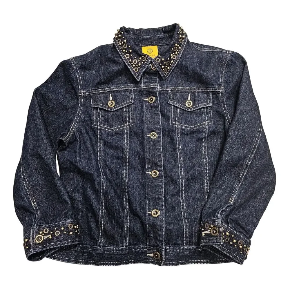 Ruby Rd Dark Wash Denim Jacket Sz 8 Beaded Embellished All Over Gold Sparkle
